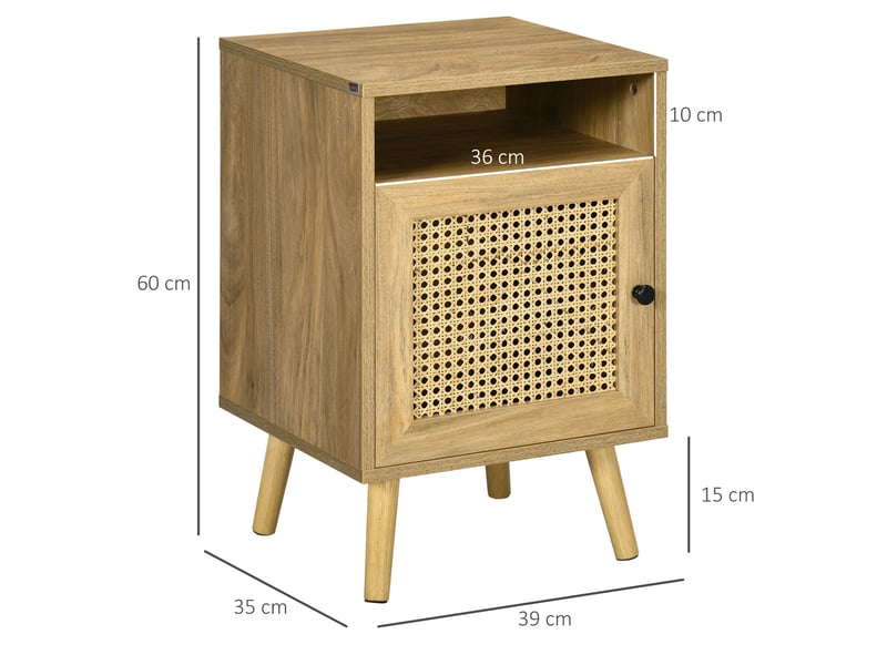  Lot de 2 tables de chevet table de nuit avec placard porte cannage et niche design vintage naturel 39 x 35 x 60 cm  - Conforama C