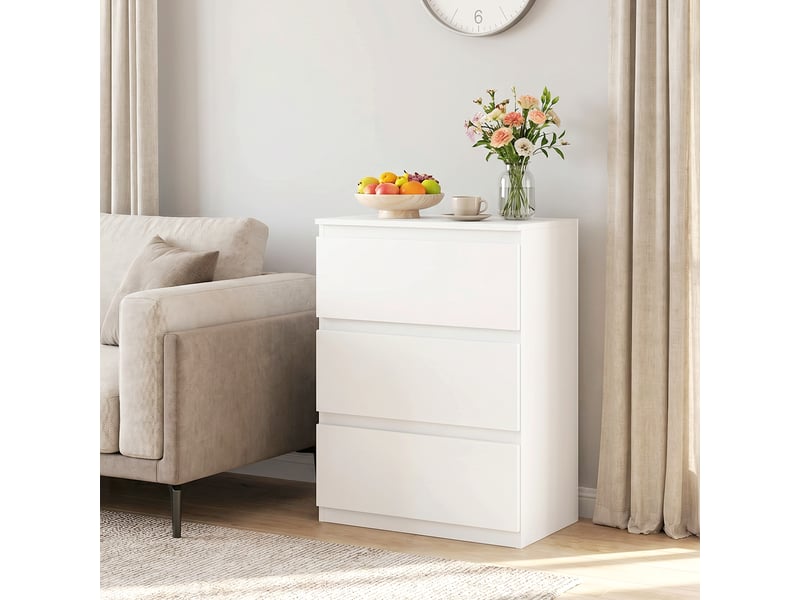  Commode à 3 tiroirs, meuble de rangement moderne pour la chambre, blanche  - Conforama D