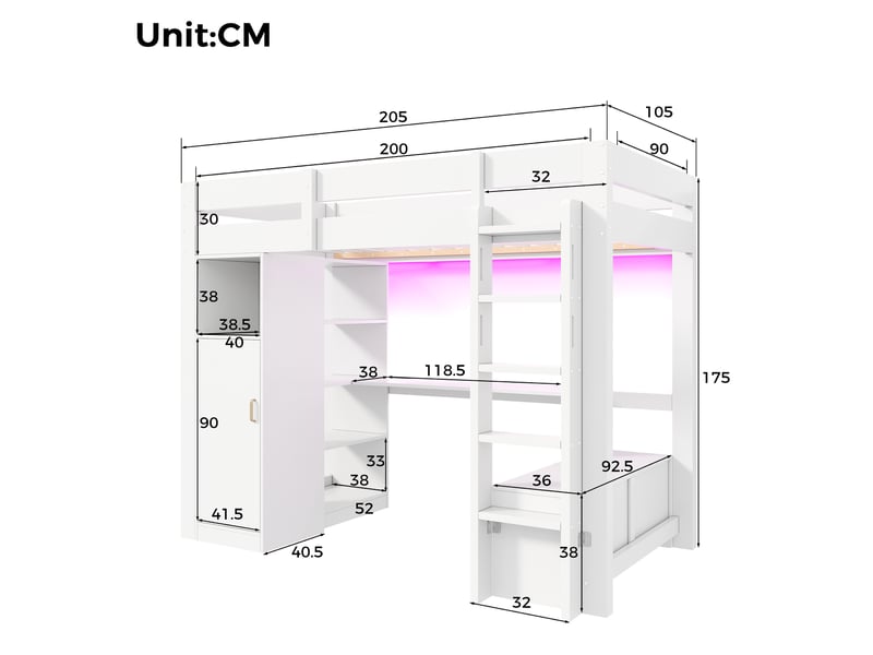 Lit mezzanine 90x200 cm avec armoire, bureau, led et prise usb blanche - Conforama C