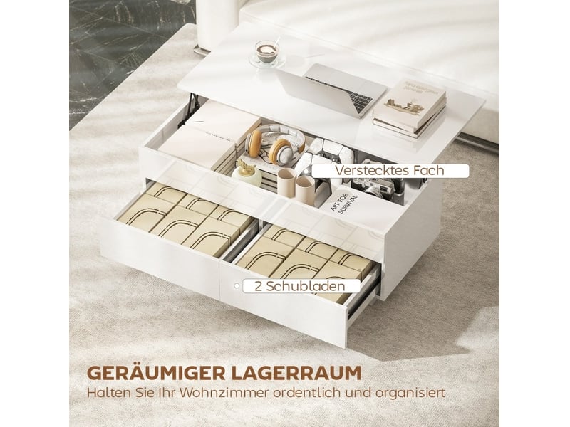  Table basse relevable avec 2 tiroirs et compartiment caché, plateau à 54,5 cm, blanc brillant, 102 × 48 × 40 cm  - Conforama D
