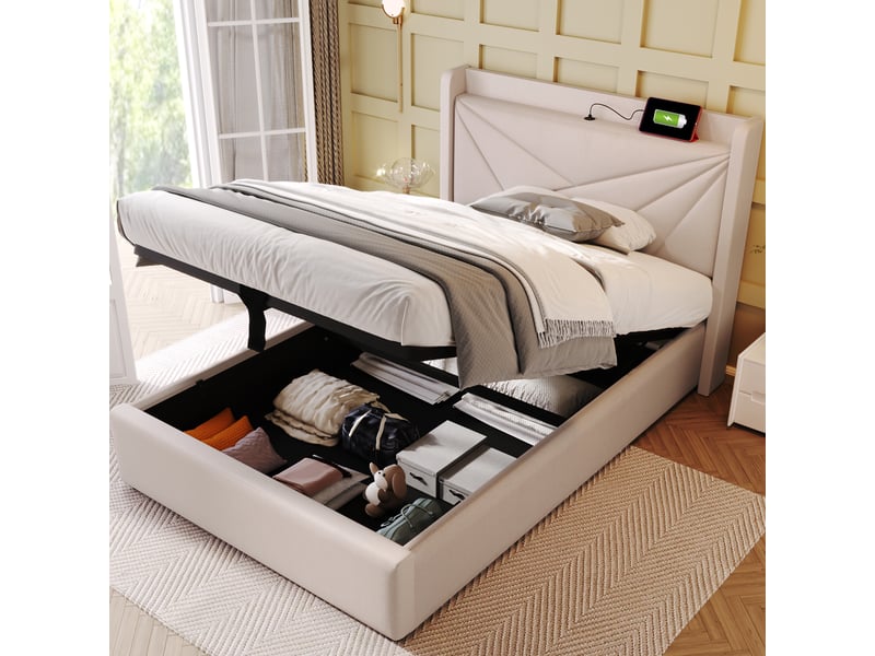  Lit simple capitonné 90x200 avec rangement de tête, usb type-c, coffre et matelas inclus, beige  - Conforama D