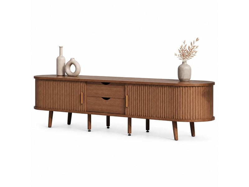  Meuble tv ovale 175x40x42 cm, noyer mat en fibres de bois, 2 tiroirs, portes coulissantes sculptées, tablettes ajustables, pieds réglables  - Conforama A