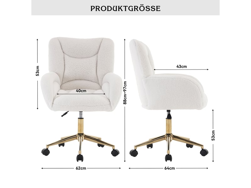  Chaise de bureau pivotante à hauteur réglable avec roulettes, dossier ergonomique et finition luxueuse en teddy, blanc  - Conforama D