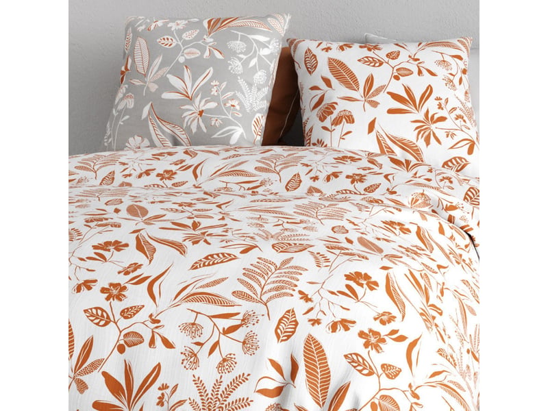  Parure housse de couette 260x240cm + 2 taies motif feuillage blanc et orange 100% coton - ahylia AHYLIA - Conforama D
