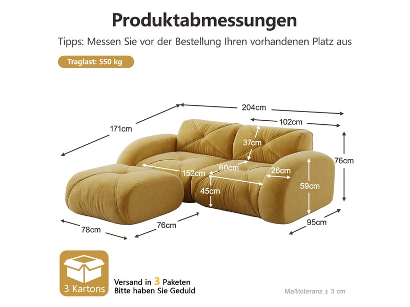  Canapé modulable 2 places en tissu jaune avec pouf, mousse haute densité 32d, idéal pour le salon familial  - Conforama C