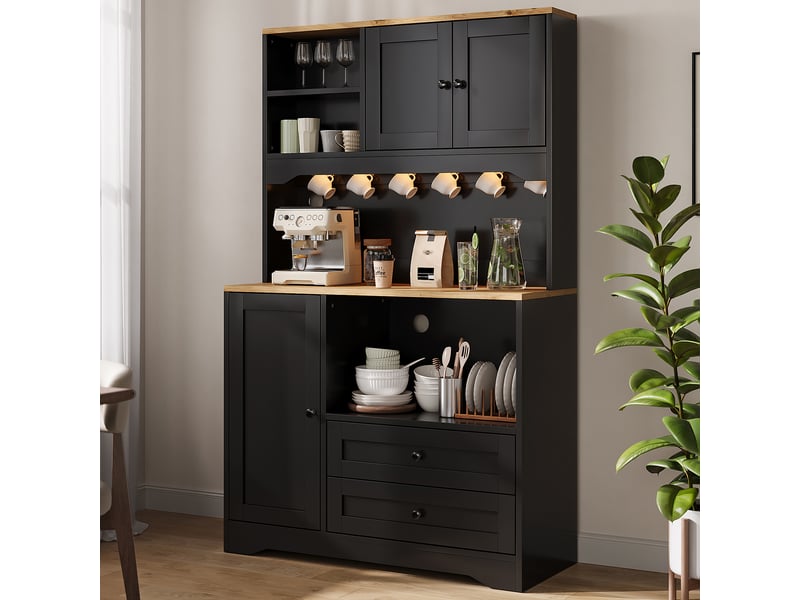 Meuble de cuisine muvano noir, buffet haut de 163 cm avec led, prises et niche micro-ondes - Conforama C