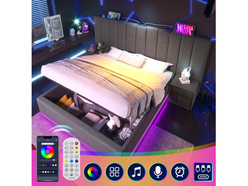  Lit coffre tcqpz 160 x 200 cm gris en lin avec led app usb-c et sommier  - Conforama B