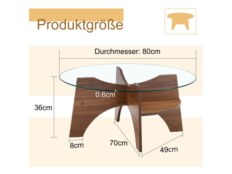  Table basse ronde ø 80 cm en verre de sécurité, piètement mdf aspect noyer  - Conforama C