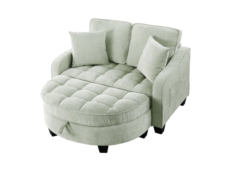  Canapé convertible 2 en 1 bleu cyan avec pouf coffre, tissu respirant et bois d’eucalyptus  - Conforama A
