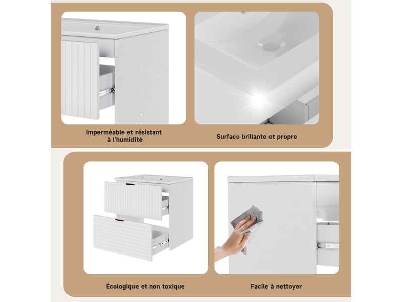  Meuble lavabo suspendu 61x46x57 cm – blanc – 2 tiroirs silencieux avec vasque en céramique intégrée  - Conforama E