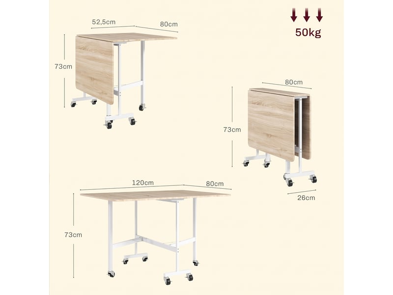  Table pliable 6 personnes - table à rabat mobile 6 roulettes - acier blanc effet bois clair  - Conforama C