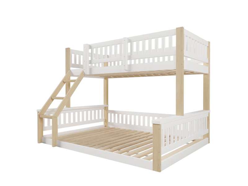  Lit 140x200 cm + 90x200 cm superposé avec sommier, bois, blanc et naturel, sans matelas  - Conforama E