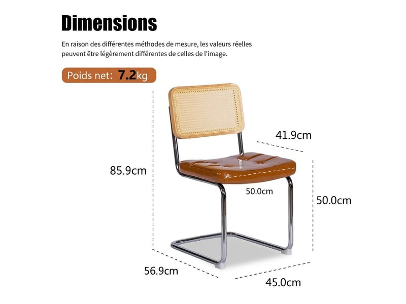  Lot de 2 chaises de salle à manger cantilever en similicuir marron avec dossier en rotin  - Conforama C