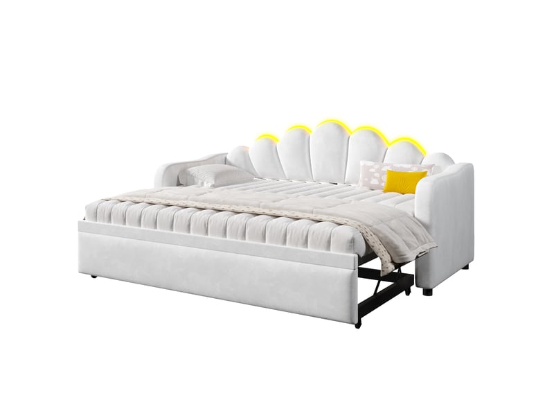  Lit gigogne multifonctionnel 90x200 cm led, lit enfant, lit simple avec tête de lit, mdf, velours blanc sans matelas  - Conforama A