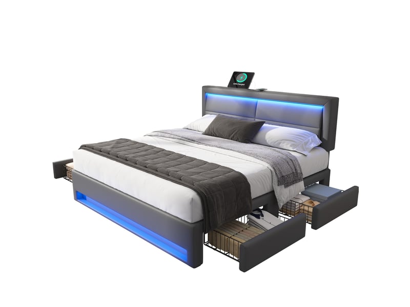  Lit capitonné 140 x 190 cm gris en pu avec led, usb, recharge sans fil et 4 tiroirs, sans matelas  - Conforama A