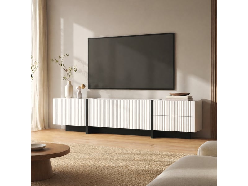  Meuble tv avec 3 portes et 2 tiroirs pour salon 190×35×45 cm en mdf et panneaux de particules noir et blanc  - Conforama B