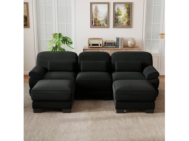  Canapé modulable en u 3 places 265x 161x 94 cm, coussins lombaires, assise profonde, 2 poufs, en velours côtelé, noir  - Conforama E