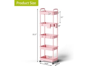 Desserte de cuisine chariot de rangement 5 paniers aérés tiroir verrouillable 2 porte-gobelets 4 crochets roulettes caoutchouc 360 rose 38 x 27 x 130 cm