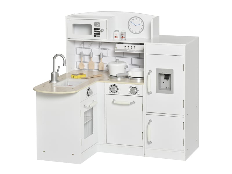 Cuisine bois jeu d'imitation - cuisine enfant 3+ ans - nombreux accessoires & rangements inclus - micro-ondes, hotte, évier avec robinet - mdf pin blanc - Conforama A