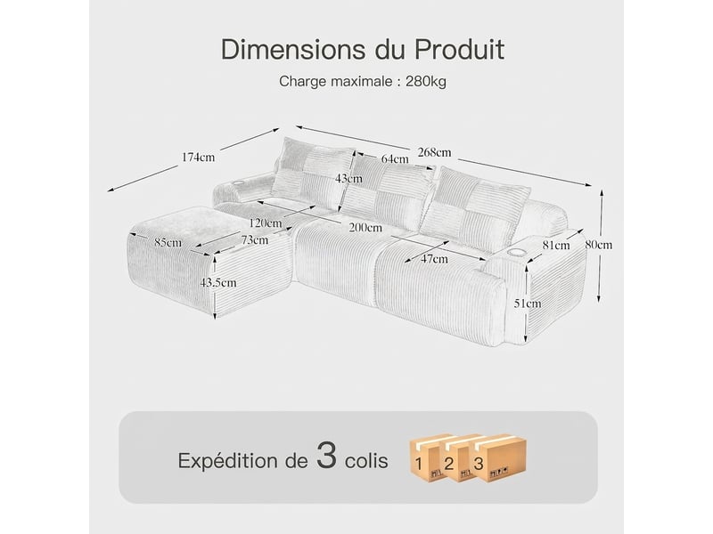 Canapé modulaire 3 places en velours côtelé gris clair - 268 x 174 x 80 cm, avec rangement  - Conforama C