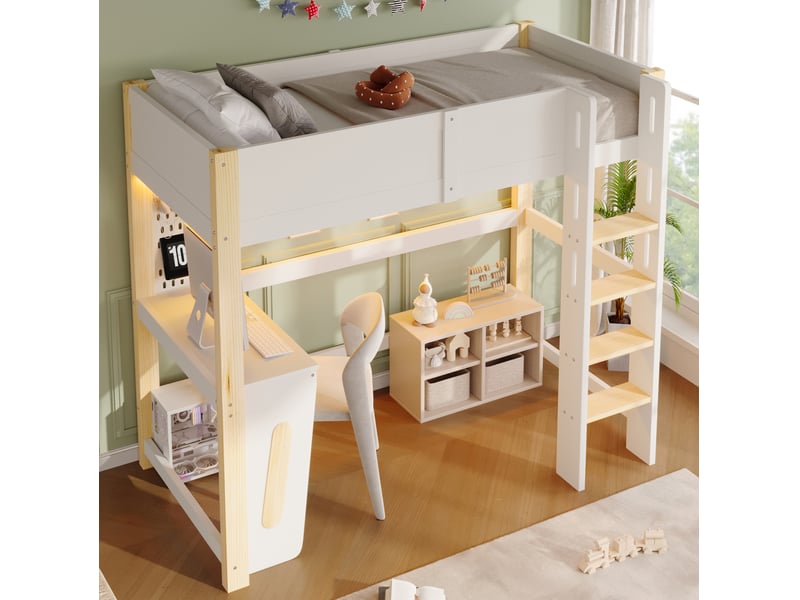 Lit mezzanine enfant 90x200 cm blanc et naturel pin et mdf, bureau, panneau perforé et éclairage led - Conforama B