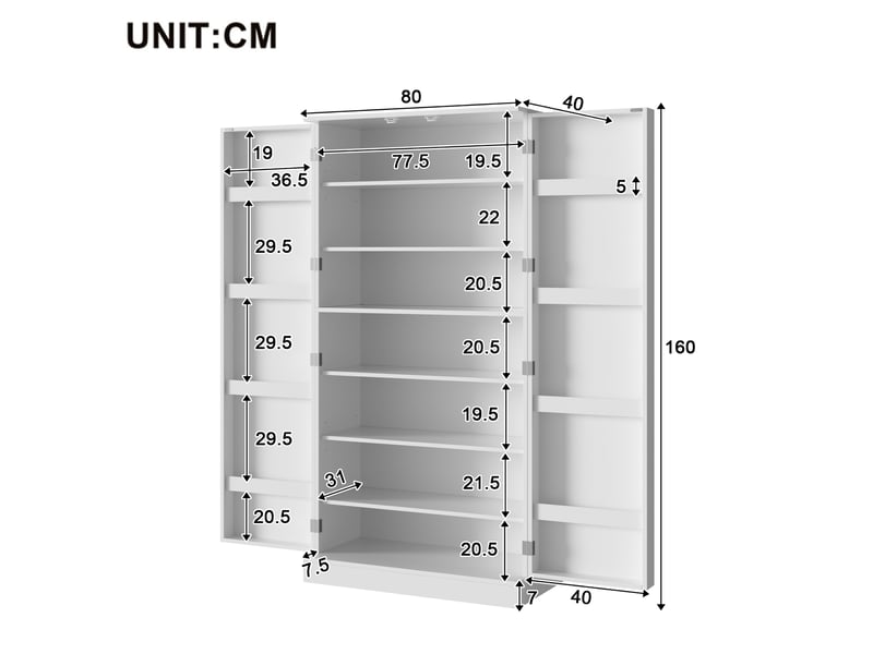  Meuble à chaussures blanc 160x80x40 cm, armoire haute avec portes et étagères ajustables, rangement entrée moderne en panneau de particules  - Conforama C