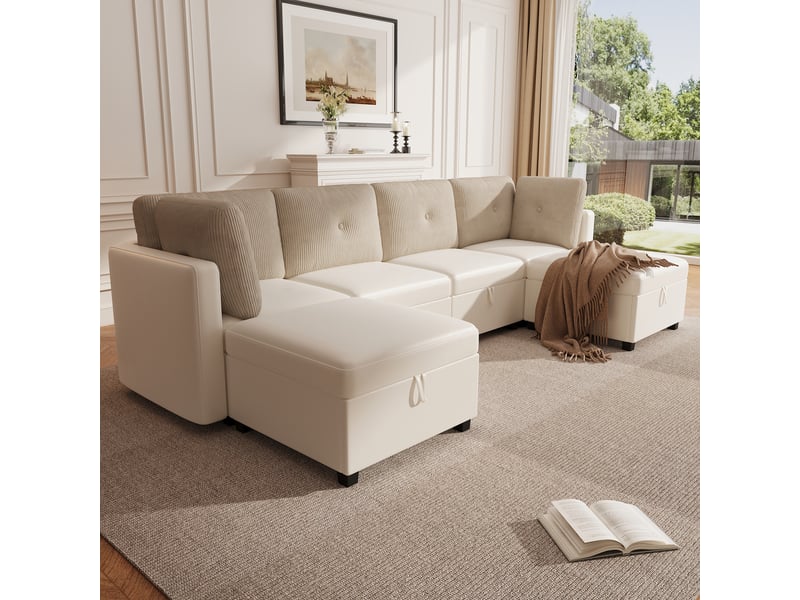  Canapé-lit, 261 × 132,5 × 85 cm, beige, velours côtelé, forme l, forme u, 6 modules, modules reconfigurables, ottoman mobile  - Conforama B