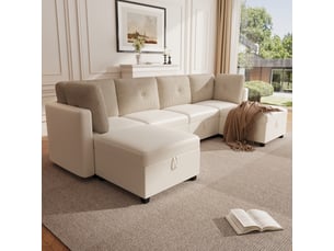 Canapé droit convertible 6 places Velours beige avec coffre de rangement
