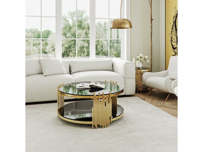  Table basse moderne en verre noir, table de salon luxueuse avec double plateau en verre, table basse ronde avec piètement en acier doré, table d'appoint avec plateau rond en verre, table centrale pour salonmaisonbureau  - Conforama D