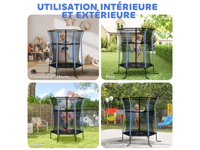  Trampoline pour enfant 1,22 x 1,11 x 1,9 m filet de sécurité porte zippée 6 poteaux rembourrés inclus bleu noir  - Conforama W