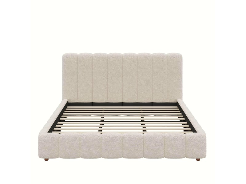  Lit double 180x200 cm avec sommier à lattes et tête de lit en bouclé, pieds en bois, blanc, sans matelas, design rayé  - Conforama E