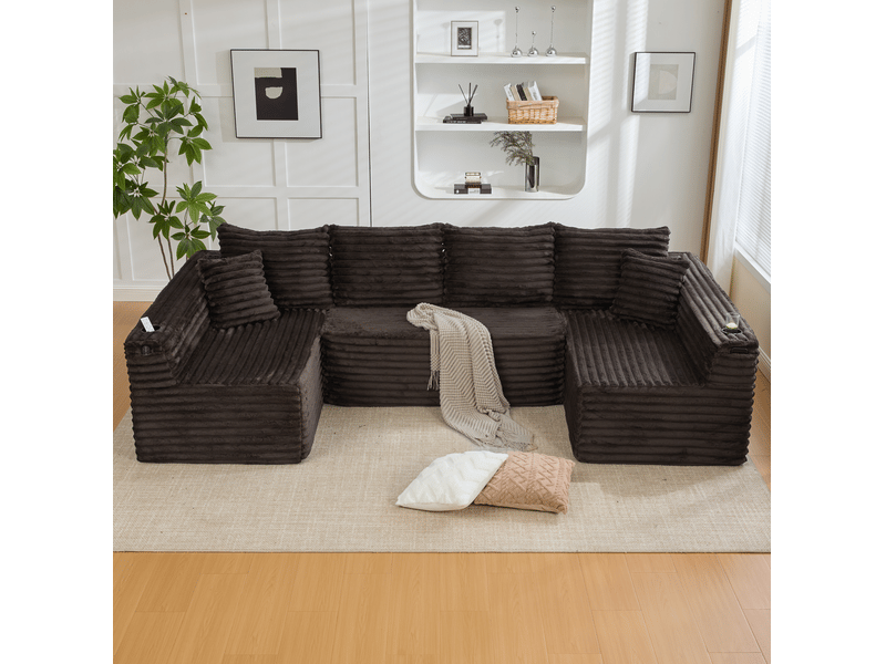  Canapé modulable en u modenvie 6 places en velours côtelé marron 320 x 155 x 88 cm avec porte-gobelets et poches latérales  - Conforama B