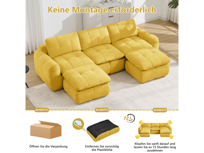 Canapé modulaire en u 3 places avec 2 poufs - lpospi - sans cadre, mousse haute densité, chenille jaune  - Conforama E