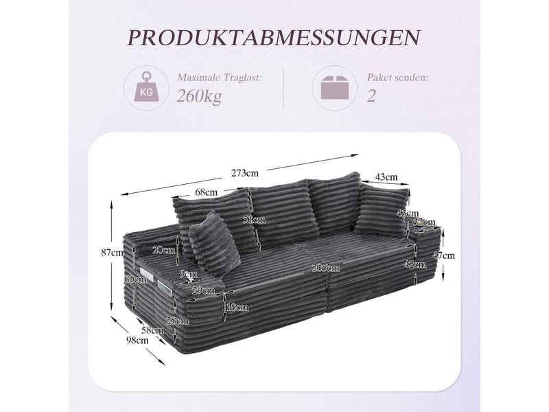  Canapé droit fixe 4 places tissu gris canapé compressible - Conforama C