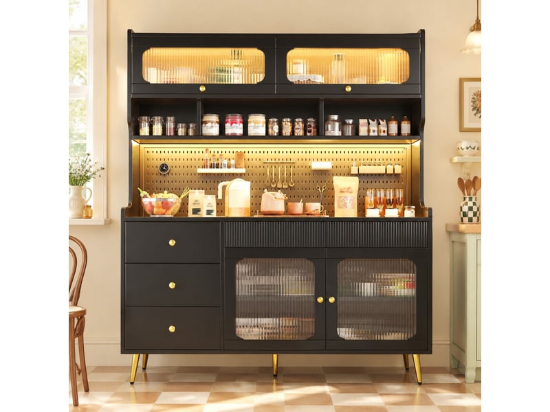  Armoire haute avec porte relevable, led rgb, tiroir et étagères en verre pour cuisine, noire, 145 × 39 × 171 cm  - Conforama B