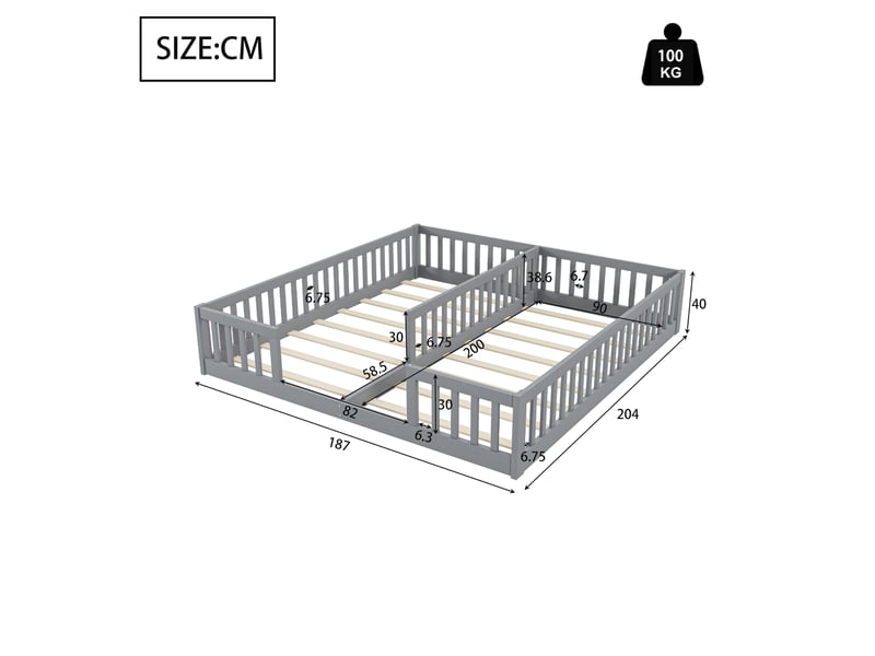  Modenvie lit enfant double au sol 90x200 cm - avec barrières de sécurité, sommier inclus, sans matelas - gris  - Conforama C