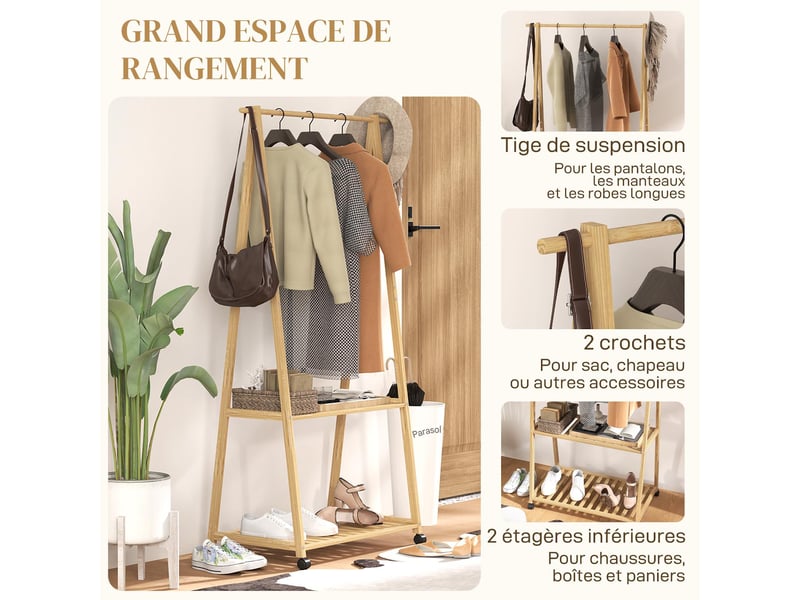  Portant à vêtements en bambou sur roulettes avec 2 étagères 84,5 x 43,5 x 158 cm  - Conforama D