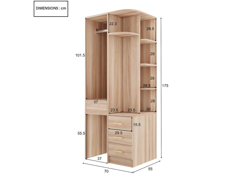  Armoire penderie avec tringle, tiroirs et étagères 70 x 55 x 175 cm  - Conforama C