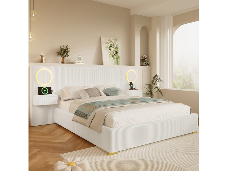  Lit 180 x 200 cm en velours beige avec tête de lit led, ports usb et tiroirs de chevet  - Conforama C
