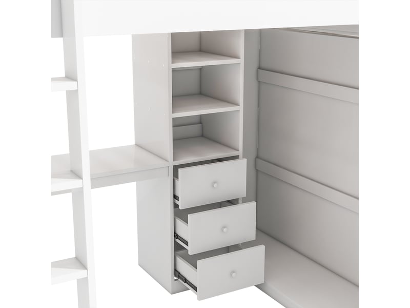 Lit mezzanine 140 x 200 cm avec bureau, armoire et 3 tiroirs intégrés, lit double en pin blanc avec rangements ouverts, escalier et garde-corps - Conforama E