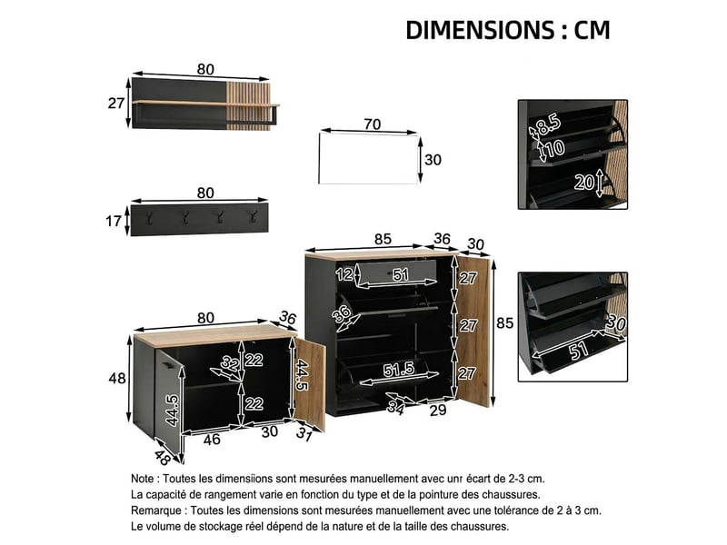  Ensemble meuble d’entrée 5 pièces avec miroir, banc et rangements, bois naturel et noir  - Conforama D
