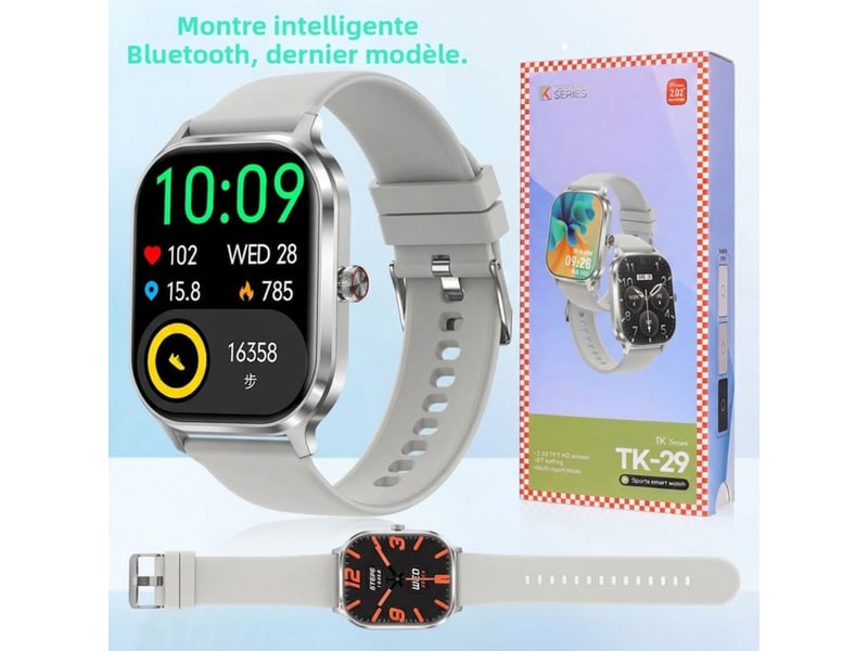 Montre connectee 2026 bluetooth ecran hd 2,02 pouces silicone grise unisexe modes sport 189790_AADLQ71064_6_DROPFR - Conforama C