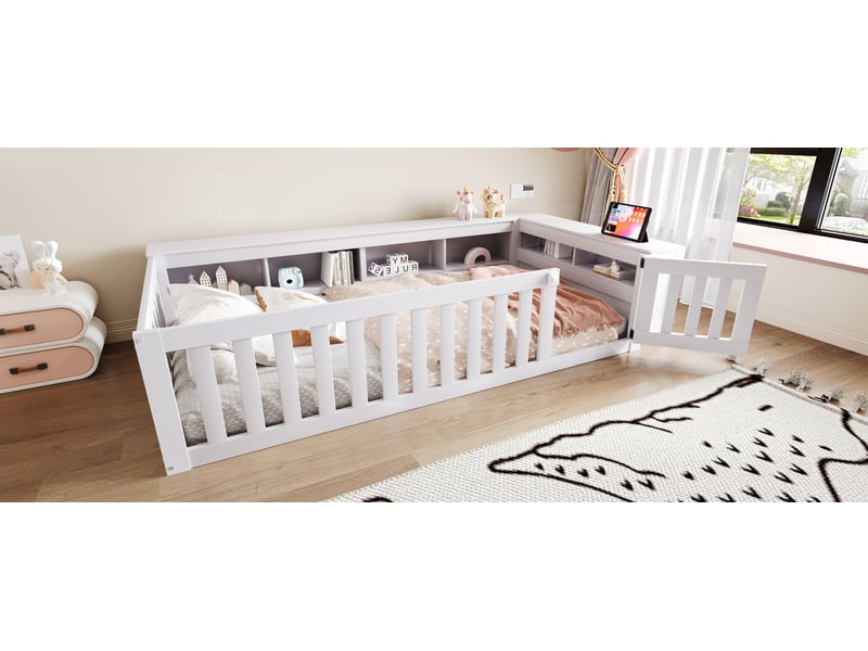  Lit enfant 90x200 cm avec sommier à lattes, lit simple avec plusieurs compartiments de rangement, lit simple en bois massif, blanc  - Conforama W