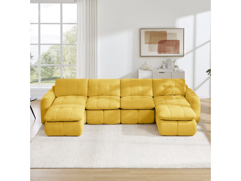 Canapé 4 places - 334 x 160 x 68 cm - canapé modulable en u en chenille avec 2 poufs amovibles et coussins - jaune  - Conforama D