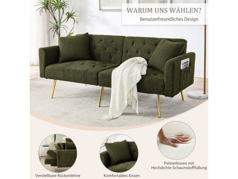 Canapé deux places en bouclé - vert - tissu en peluche - dossier réglable à 3 niveaux - 2 coussins inclus vert - Conforama E