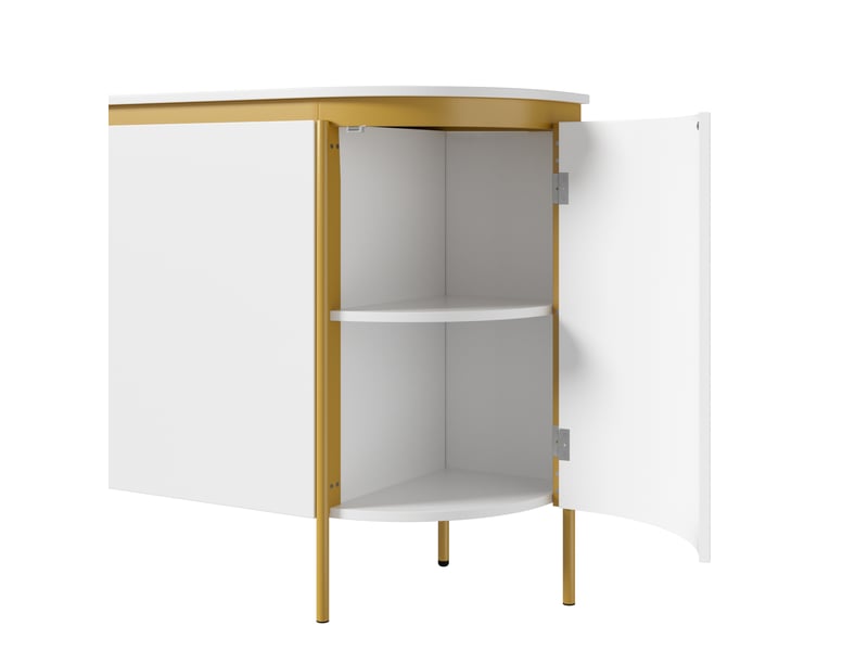  Buffet bas blanc en mdf 140 x 38 x 80 cm, 4 portes sans poignée, extrémités arrondies, pieds en fer, passe-câbles, salon séjour  - Conforama R
