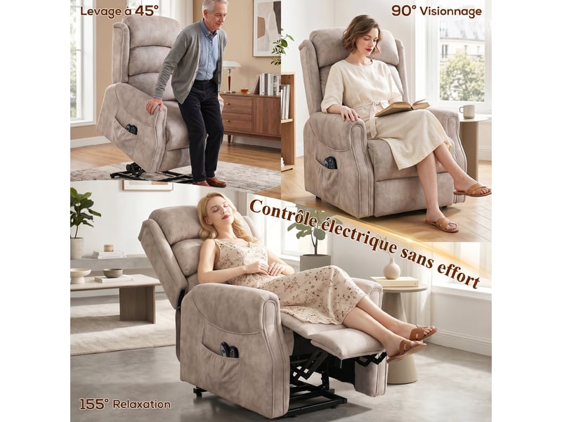  Fauteuil releveur électrique massage par vibrations et chaleur, fauteuil relax électrique en velours, 80x160x82cm, beige Z-713-209V90CW - Conforama D