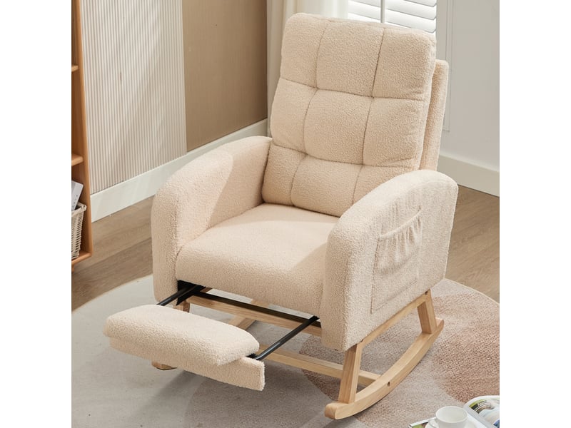  Fauteuil à bascule beige en tissu bouclette avec repose-jambes intégré et pieds en bois massif 132x50x99 cm  - Conforama B