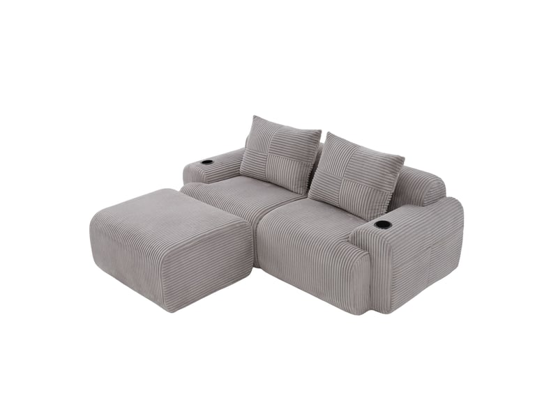  Canapé modulable 2 places 200x174x80 cm, tissu côtelé gris clair, poufs, porte-gobelet incorporé, poche latérale  - Conforama A
