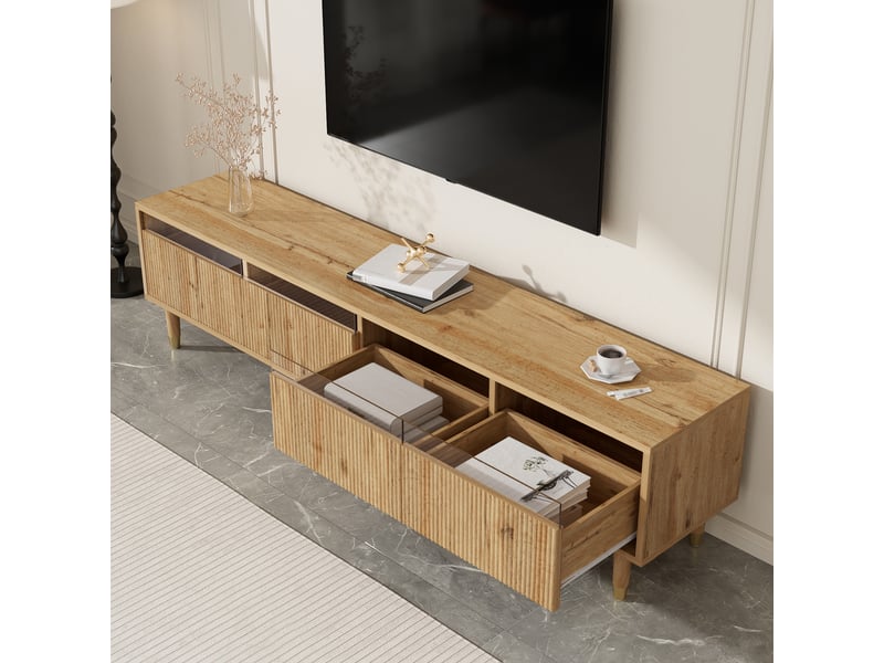  Meuble tv avec 4 tiroirs et passe-câbles, style minimaliste pour salon, en mdf, bois naturel, 178 x 35 x 45 cm  - Conforama D